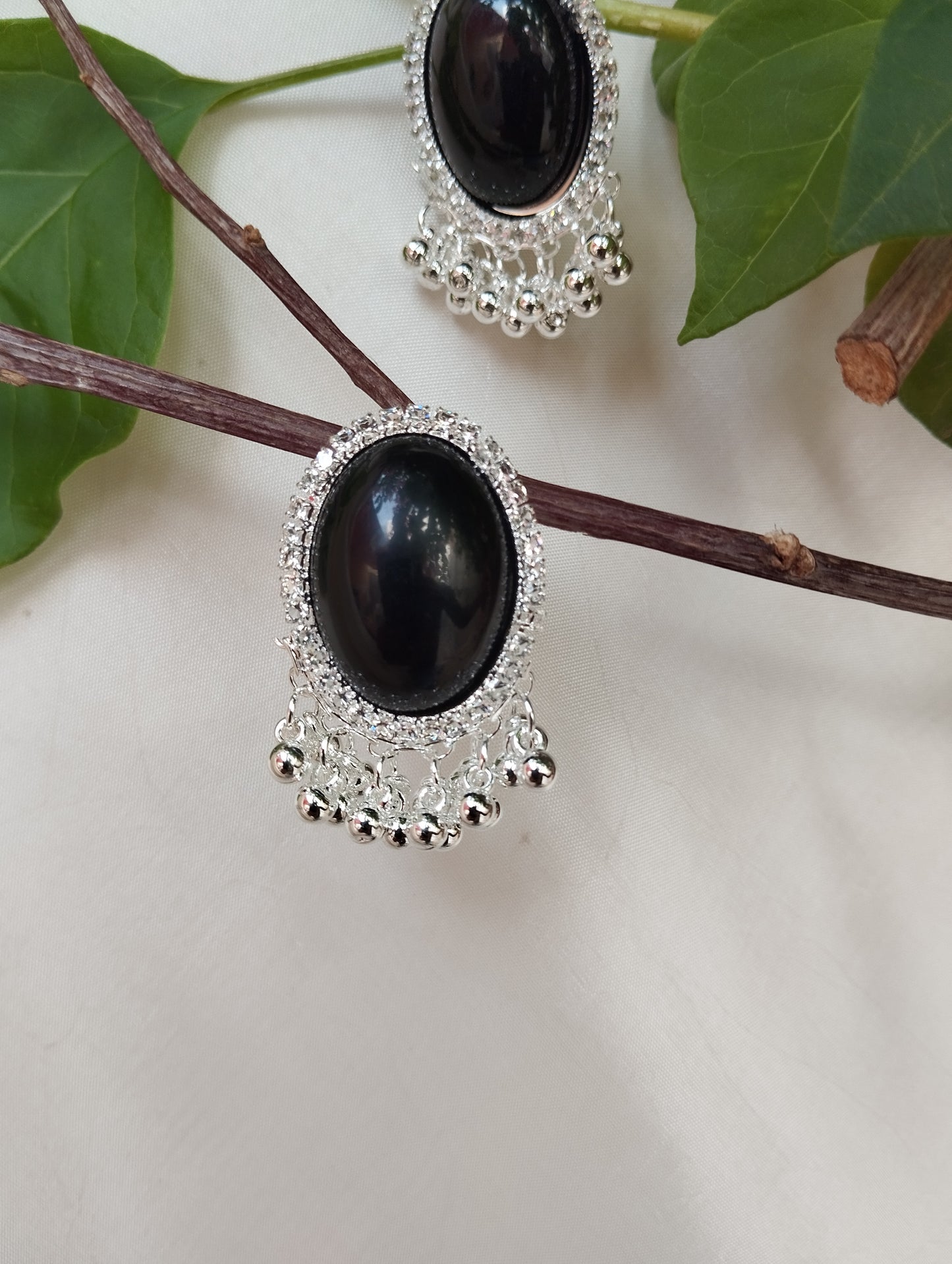 Black Stone Silver Plated Crystal Tassel Stud Earrings