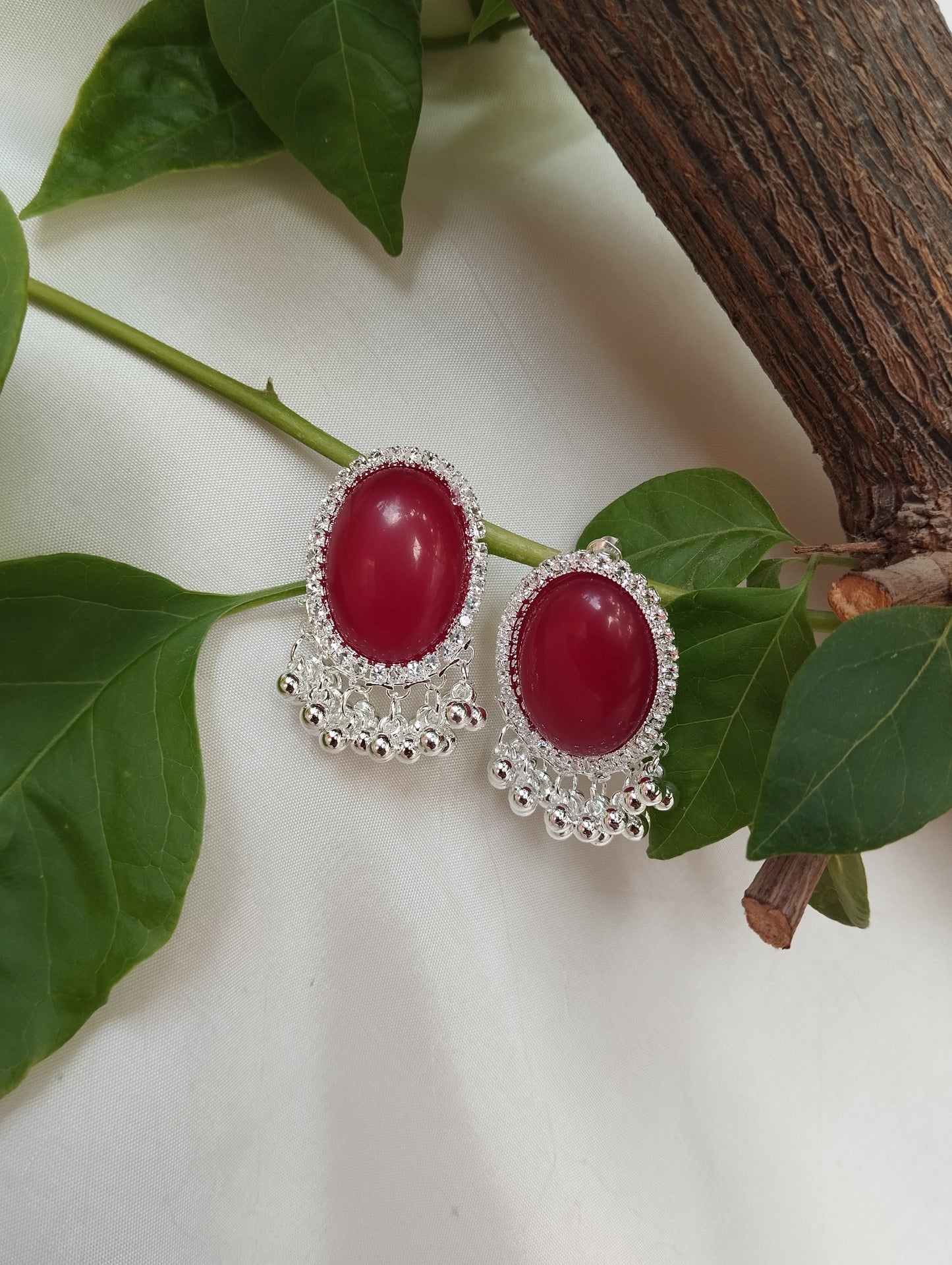 Bold & Festive Ruby mehro Stone Silver Tassel Stud Earrings