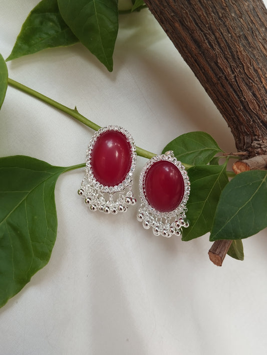 Bold & Festive Ruby mehro Stone Silver Tassel Stud Earrings