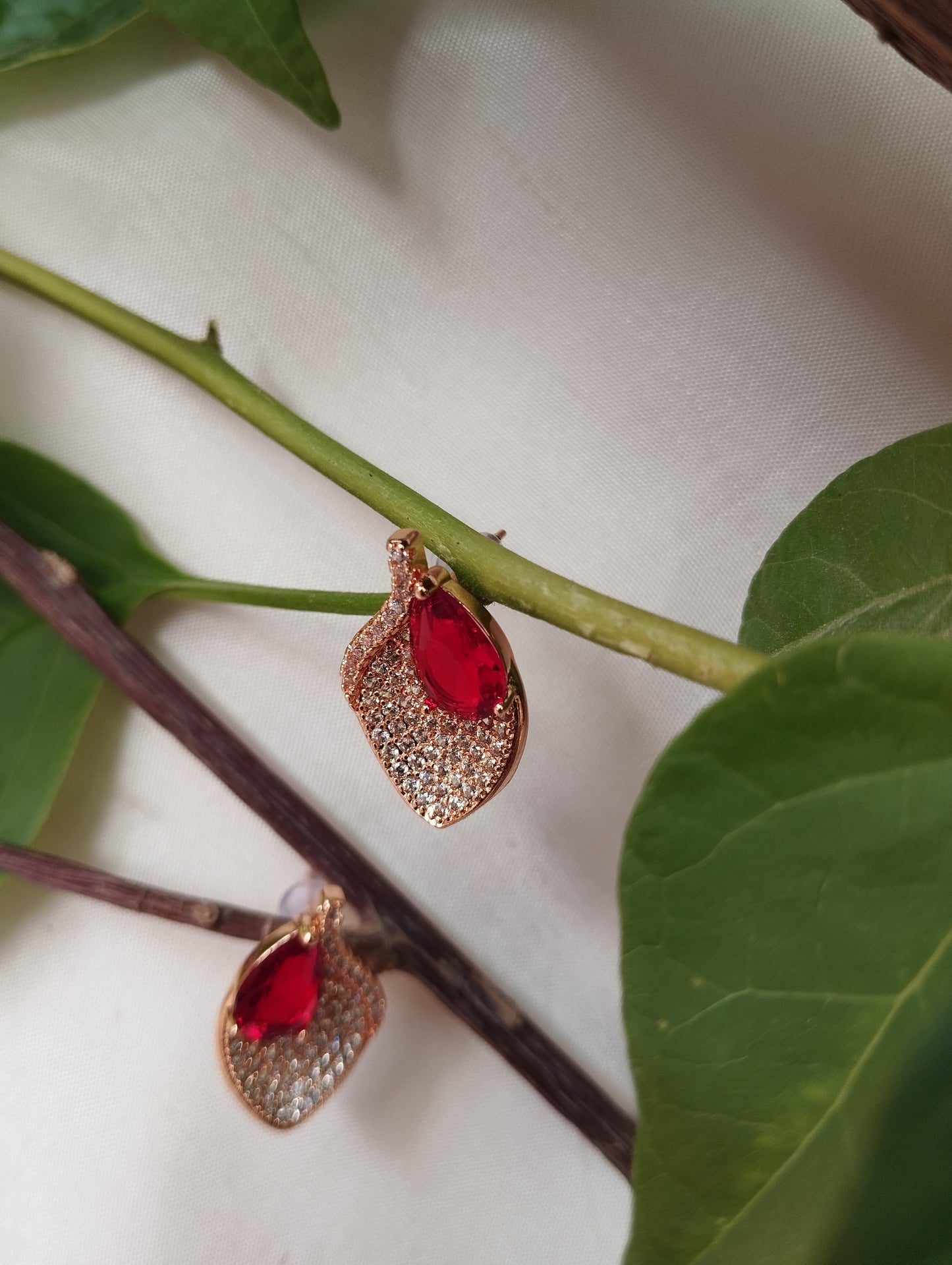 Modern & Luxe Ruby Leaf Rose Gold Crystal Studs