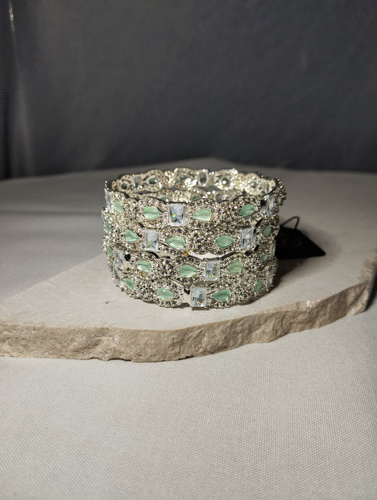 Mint Green Premium Bangles - Silver Wave Kada Set of 4