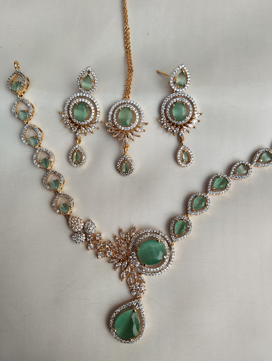 Mint Green Bridal Set -  Necklace with Earrings & Tikka