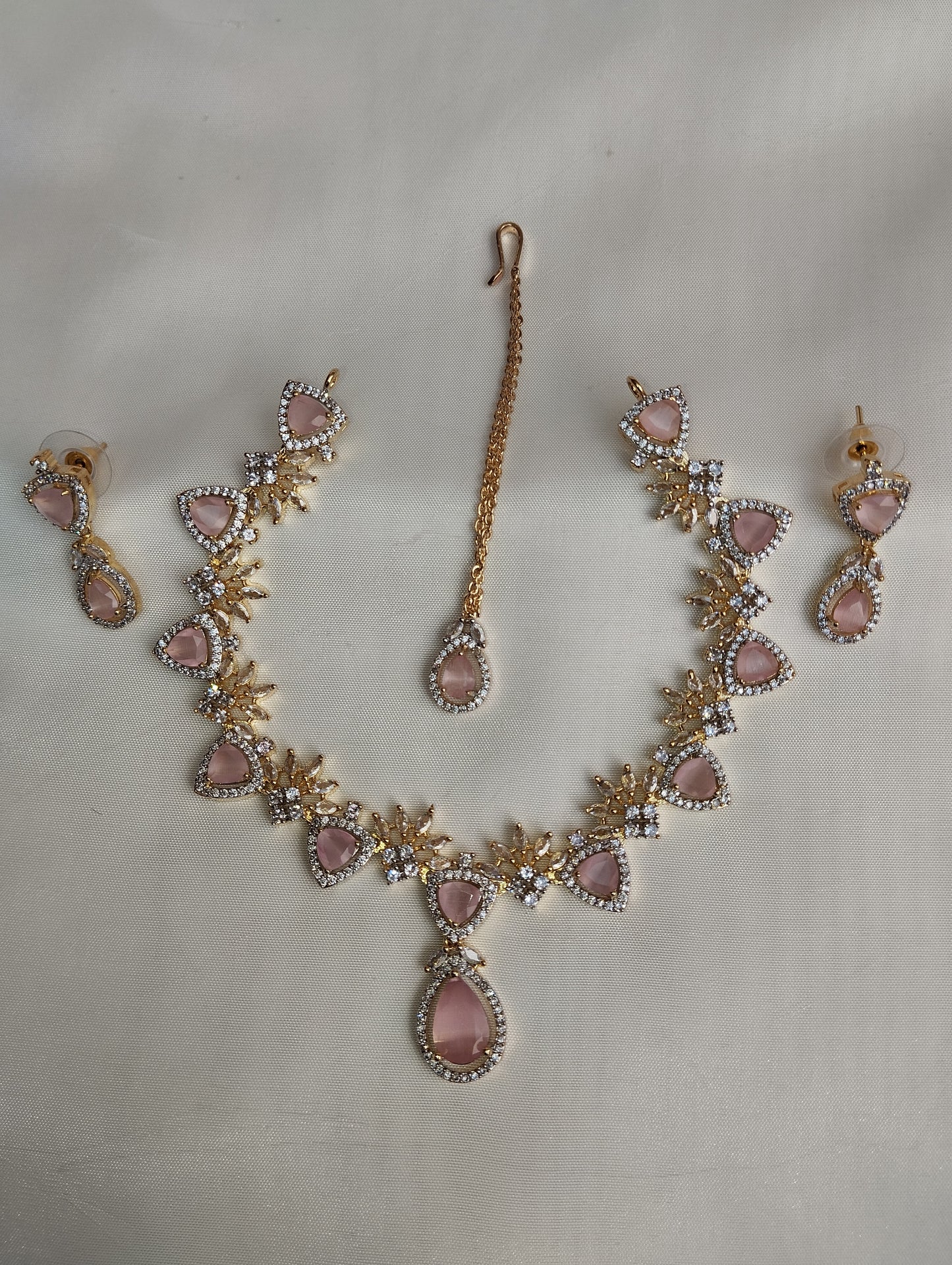 Baby Pink Bridal Set - Necklace & Tikka with Cats-Eye Stones