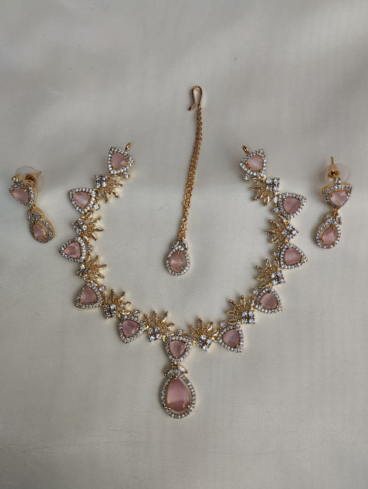 Baby Pink Bridal Set - Necklace & Tikka with Cats-Eye Stones