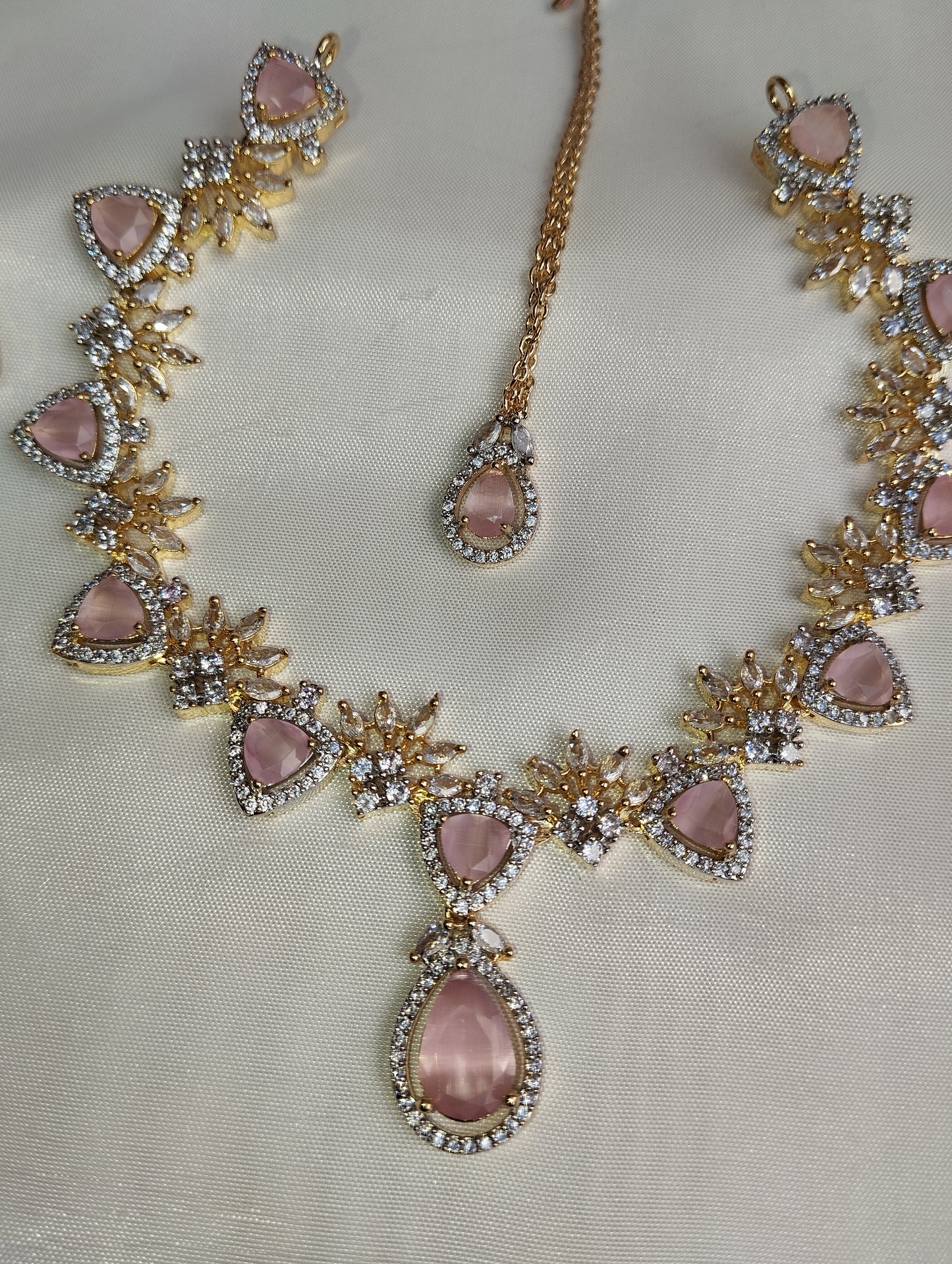 Baby Pink Bridal Set - Necklace & Tikka with Cats-Eye Stones