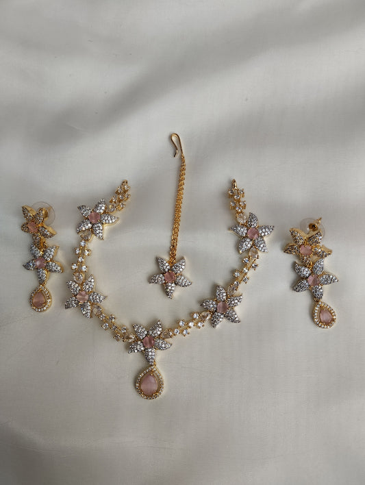 Baby Pink Floral Necklace Set -  Bridal Jewelry with Earrings & Tikka