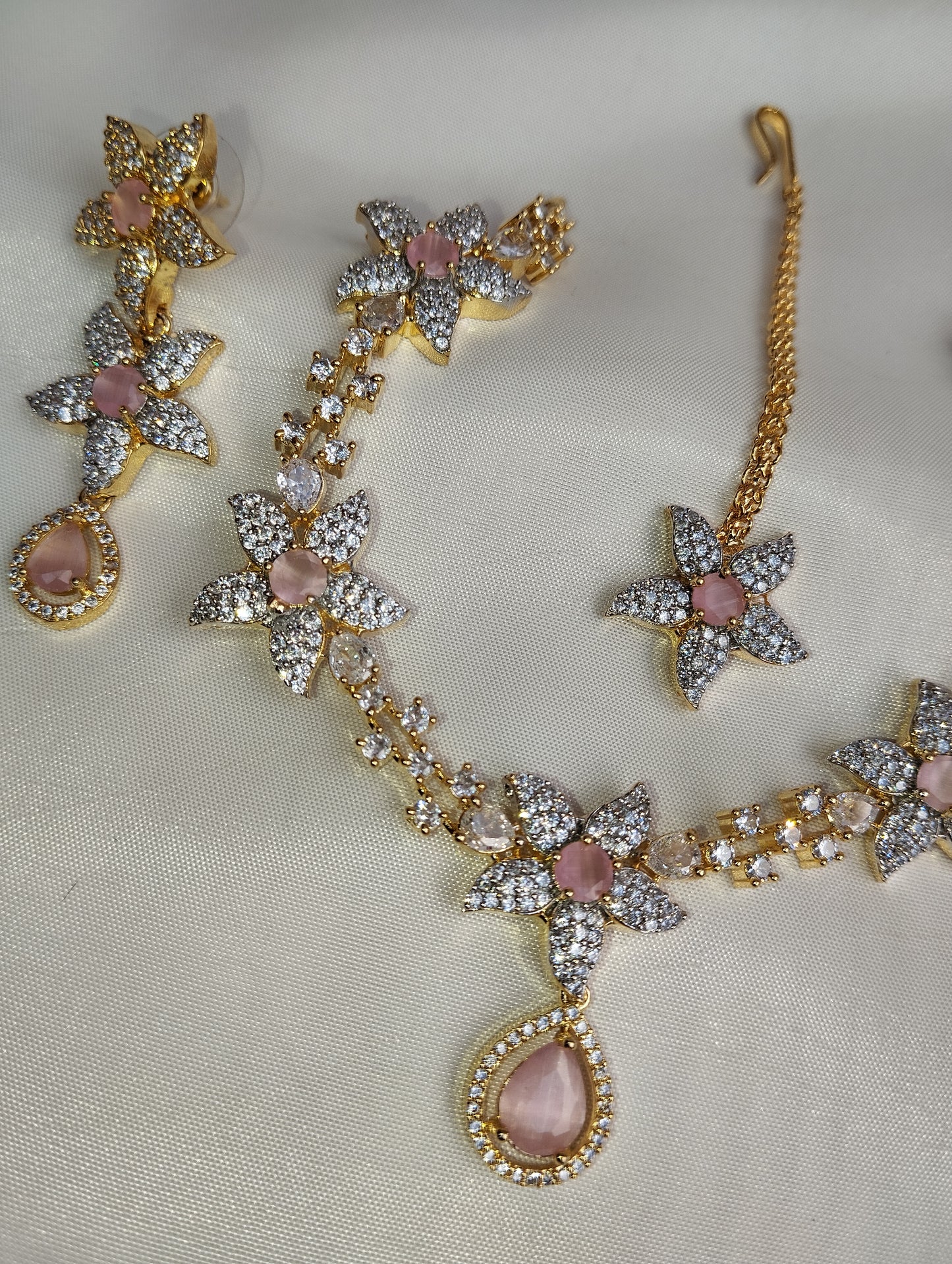 Baby Pink Floral Necklace Set -  Bridal Jewelry with Earrings & Tikka
