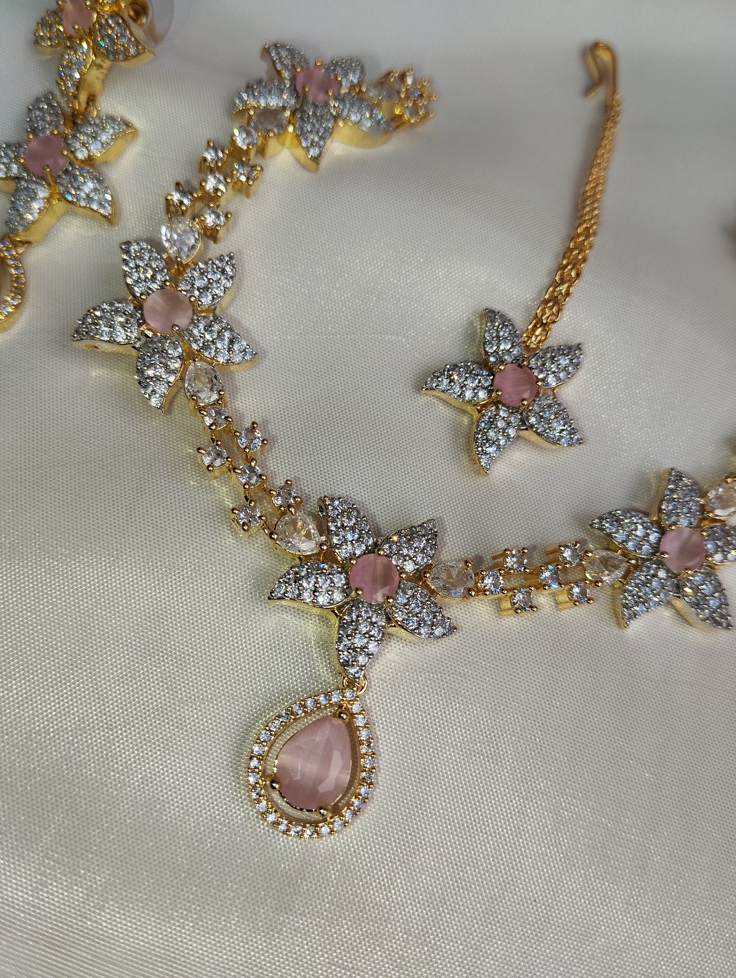 Baby Pink Floral Necklace Set -  Bridal Jewelry with Earrings & Tikka
