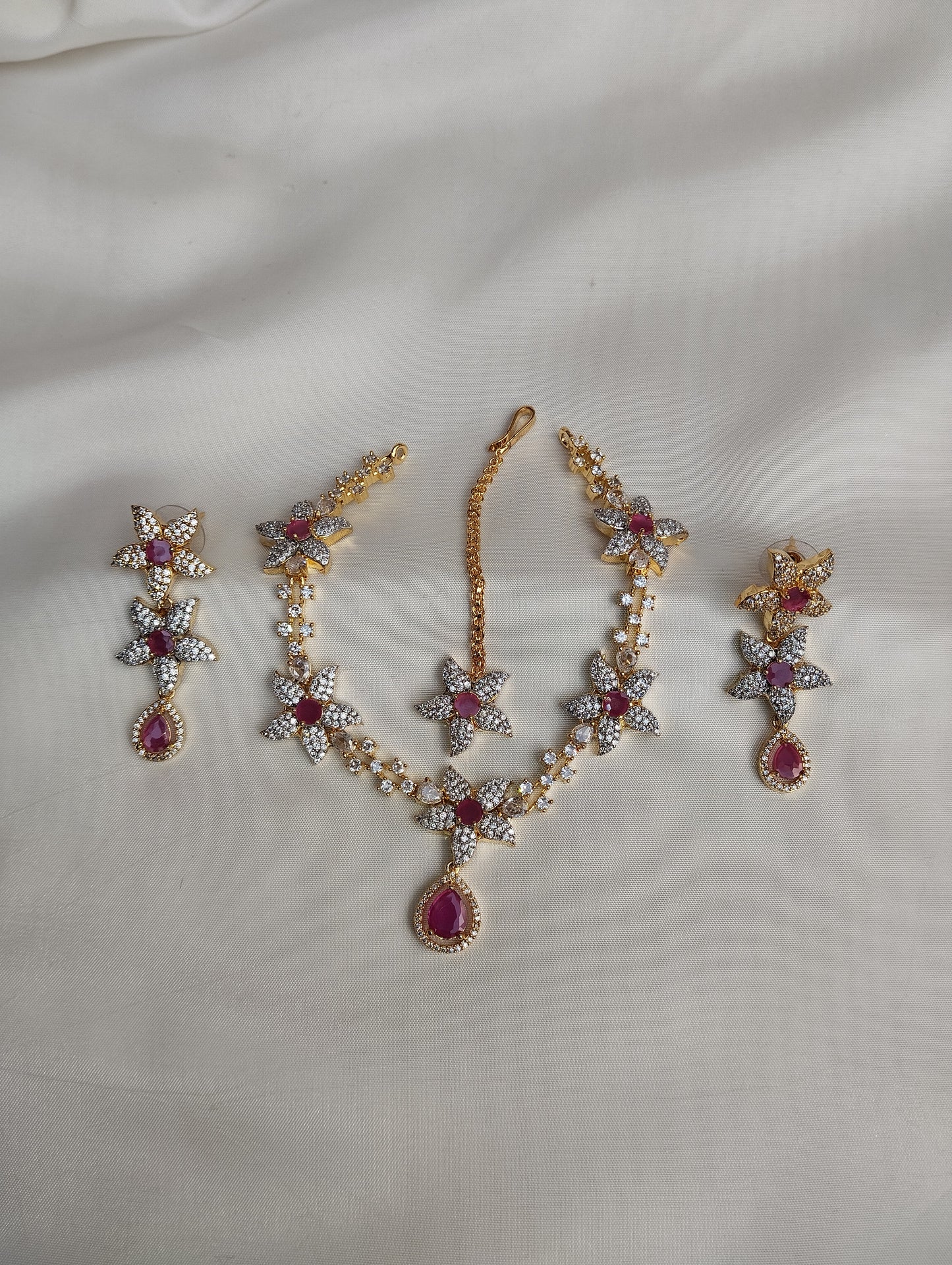 Hot Pink Floral Necklace Set - Bridal Jewelry with Earrings & Tikka