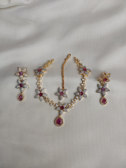 Hot Pink Floral Necklace Set - Bridal Jewelry with Earrings & Tikka