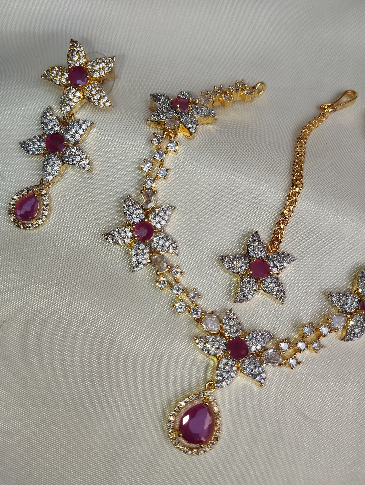 Hot Pink Floral Necklace Set - Bridal Jewelry with Earrings & Tikka