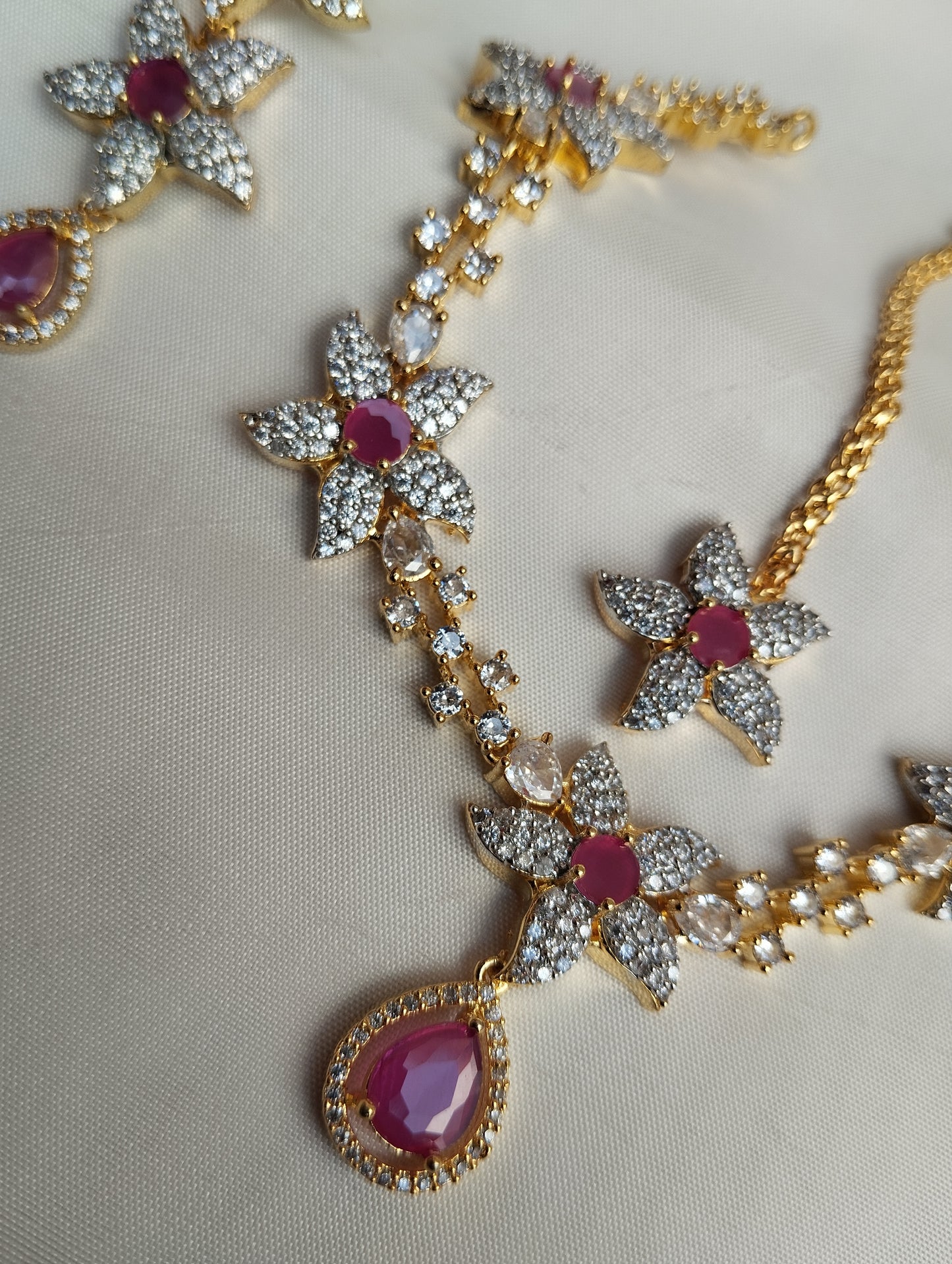 Hot Pink Floral Necklace Set - Bridal Jewelry with Earrings & Tikka