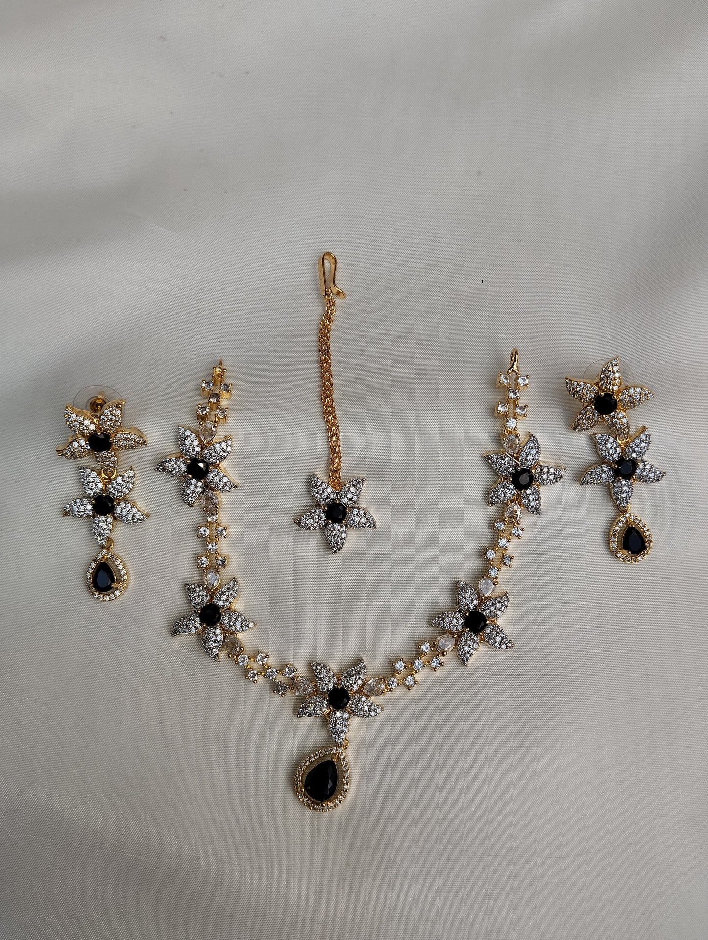 Black Floral Necklace Set - Bridal Jewelry with Earrings & Tikka