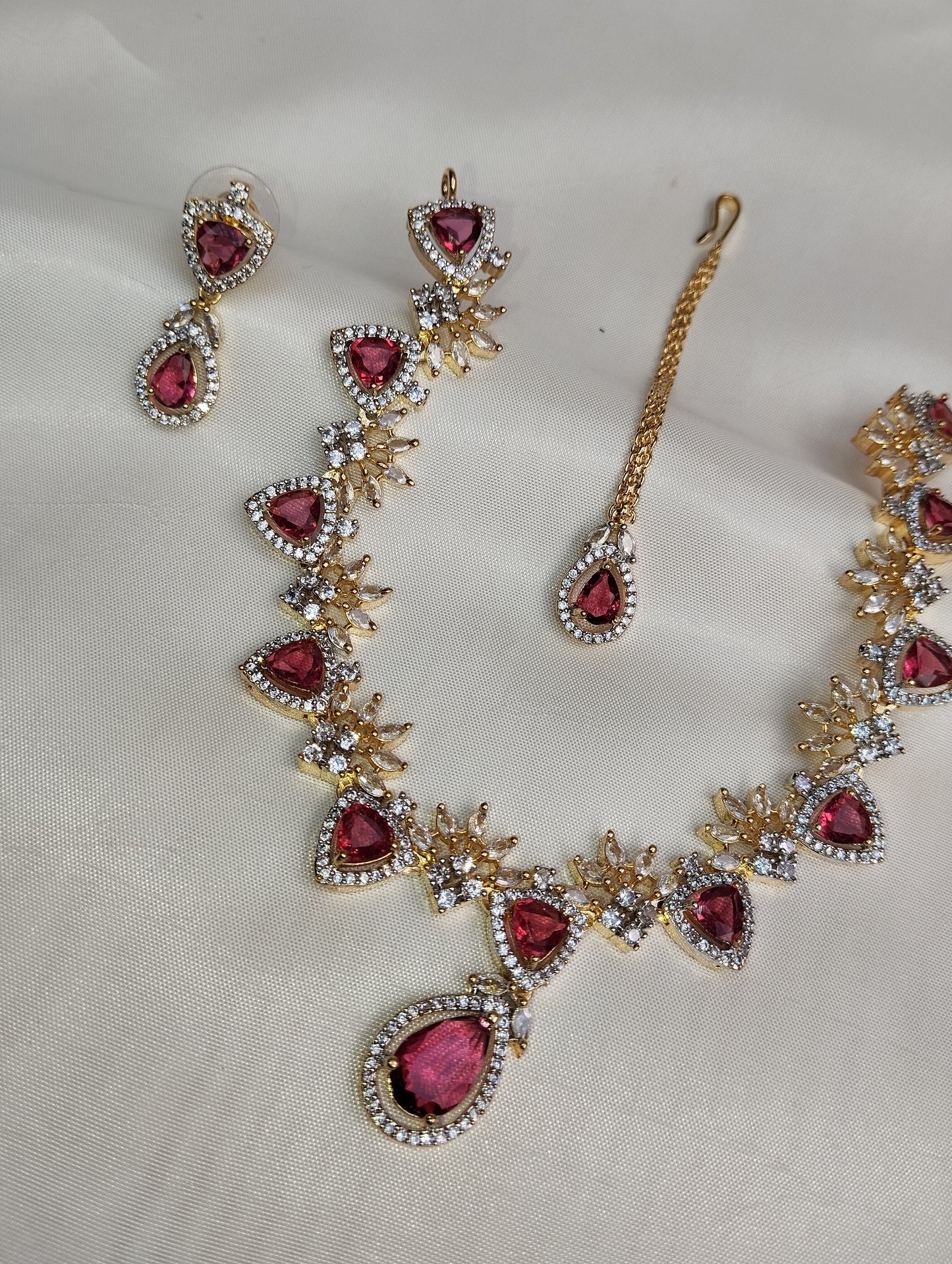 Ruby Pink Bridal Necklace Set - Gold/Silver Plated 3-Piece