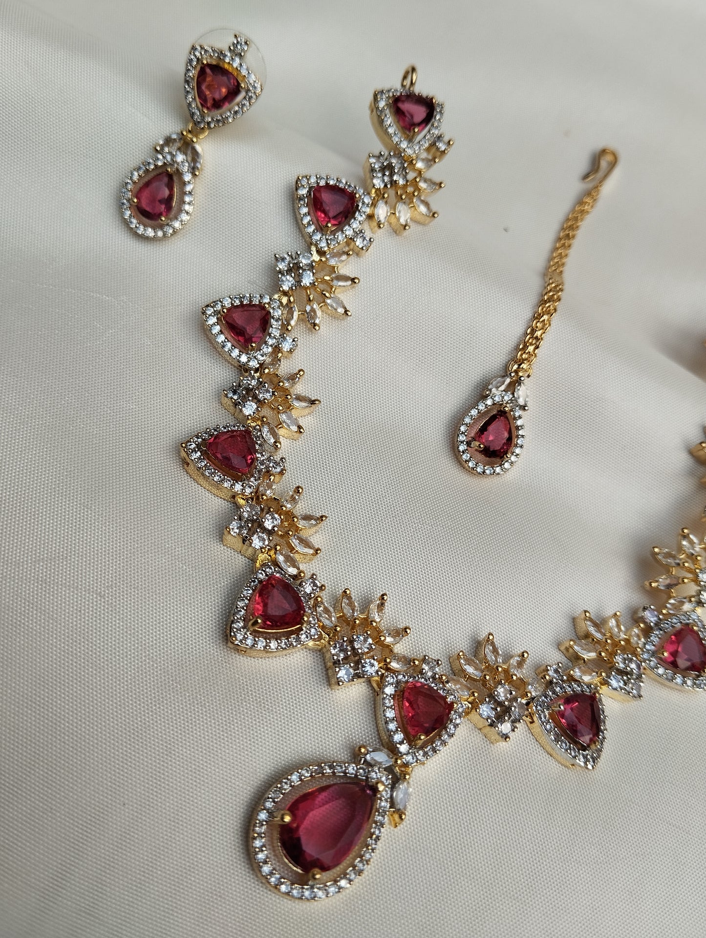 Ruby Pink Bridal Necklace Set - Gold/Silver Plated 3-Piece