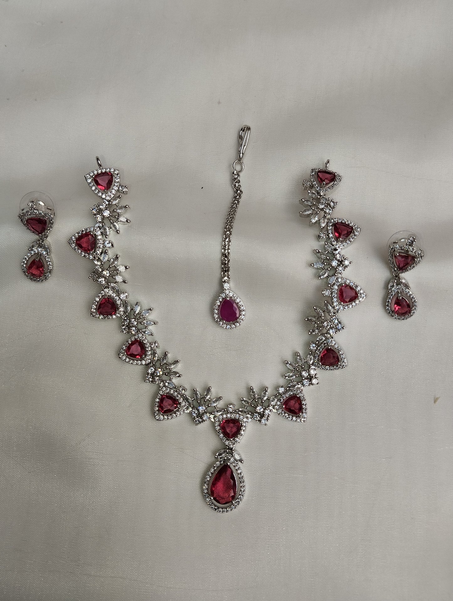 Ruby Pink Bridal Necklace Set - Gold/Silver Plated 3-Piece