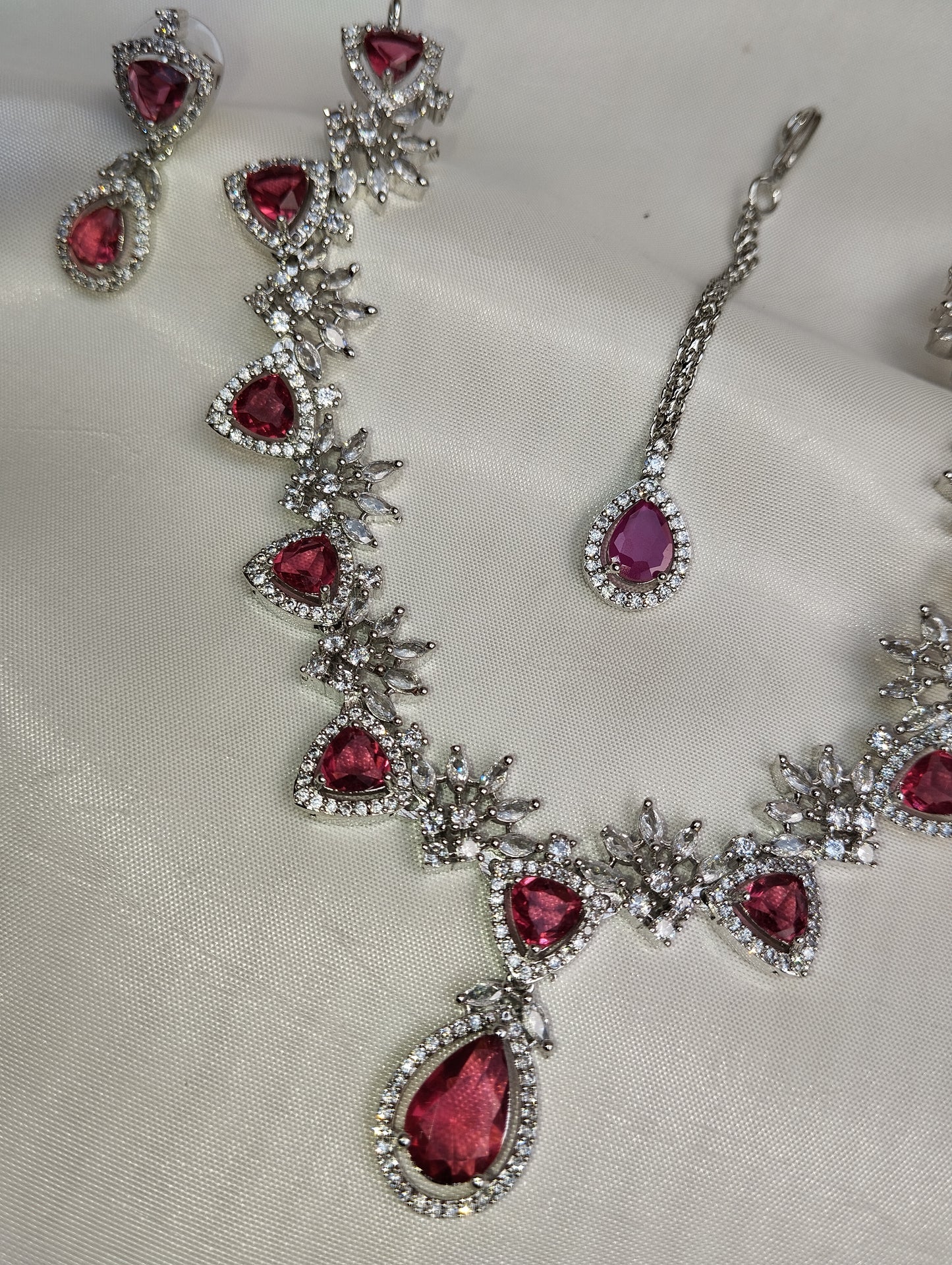 Ruby Pink Bridal Necklace Set - Gold/Silver Plated 3-Piece