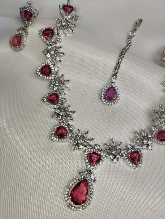 Ruby Pink Bridal Necklace Set - Gold/Silver Plated 3-Piece