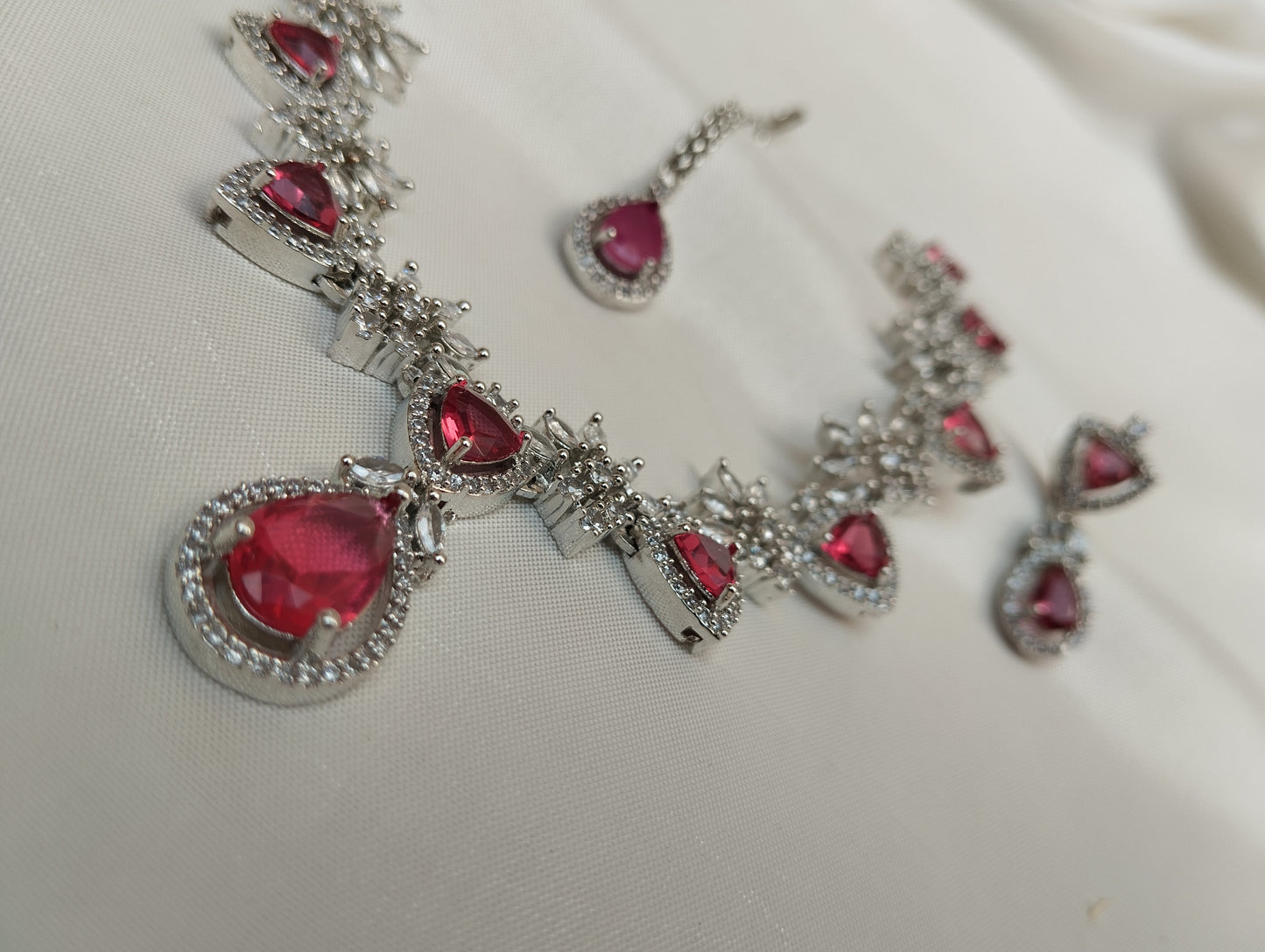 Ruby Pink Bridal Necklace Set - Gold/Silver Plated 3-Piece
