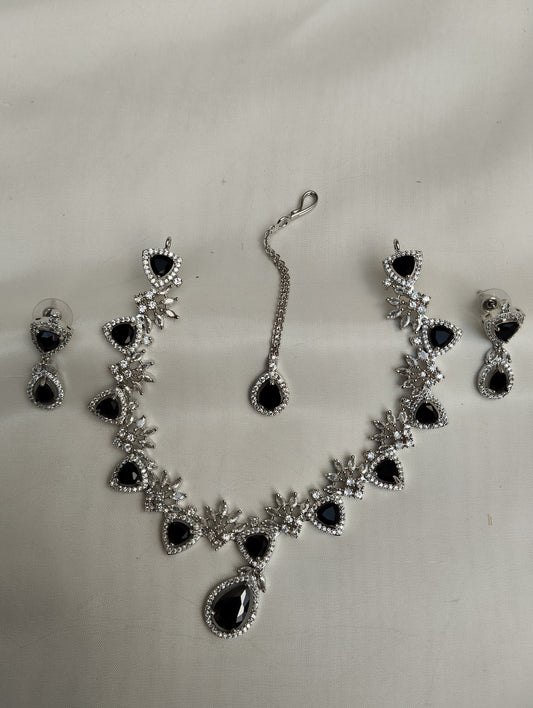 Black Necklace Set - Bridal Jewelry with Earrings & Tikka