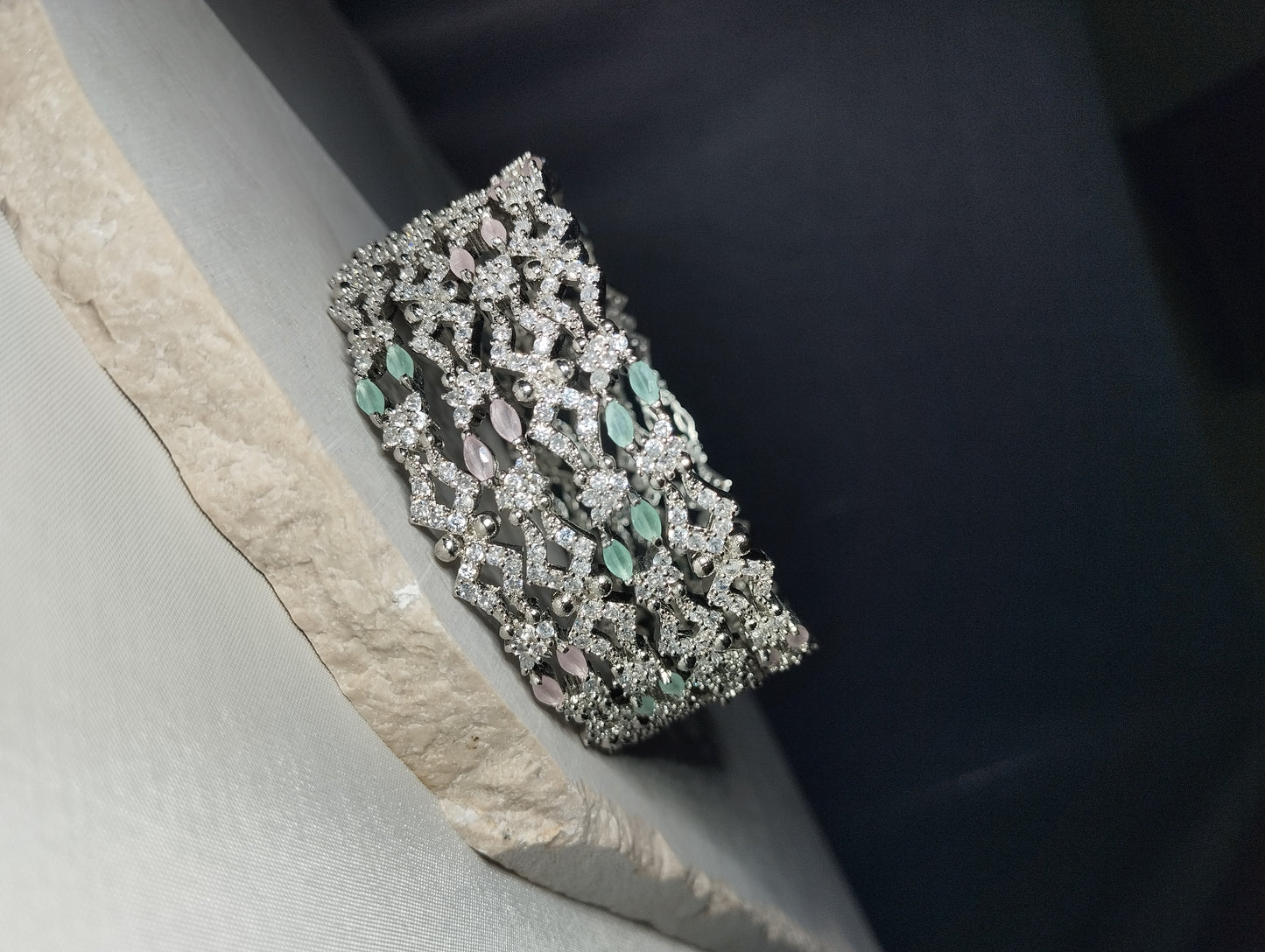 Pastel Bangles - Mint & Pink Cats-Eye Silver Kada Set of 4