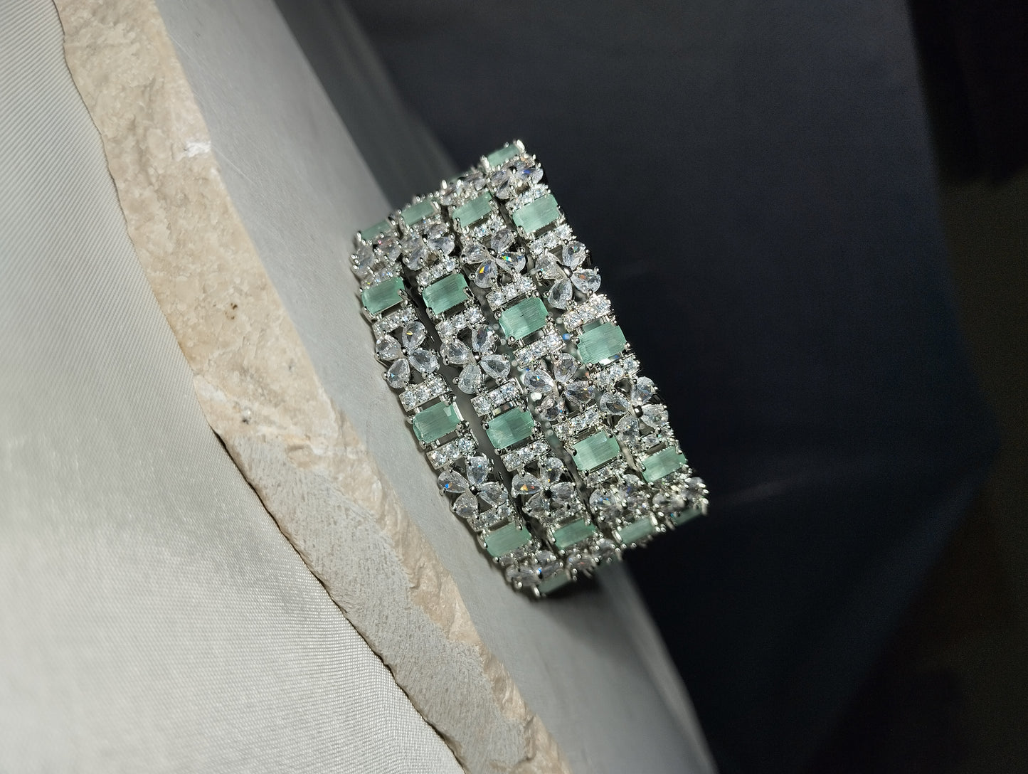 Mint Green Diamond cutt Bangles - Silver Tone Bridal Kada Set of 4