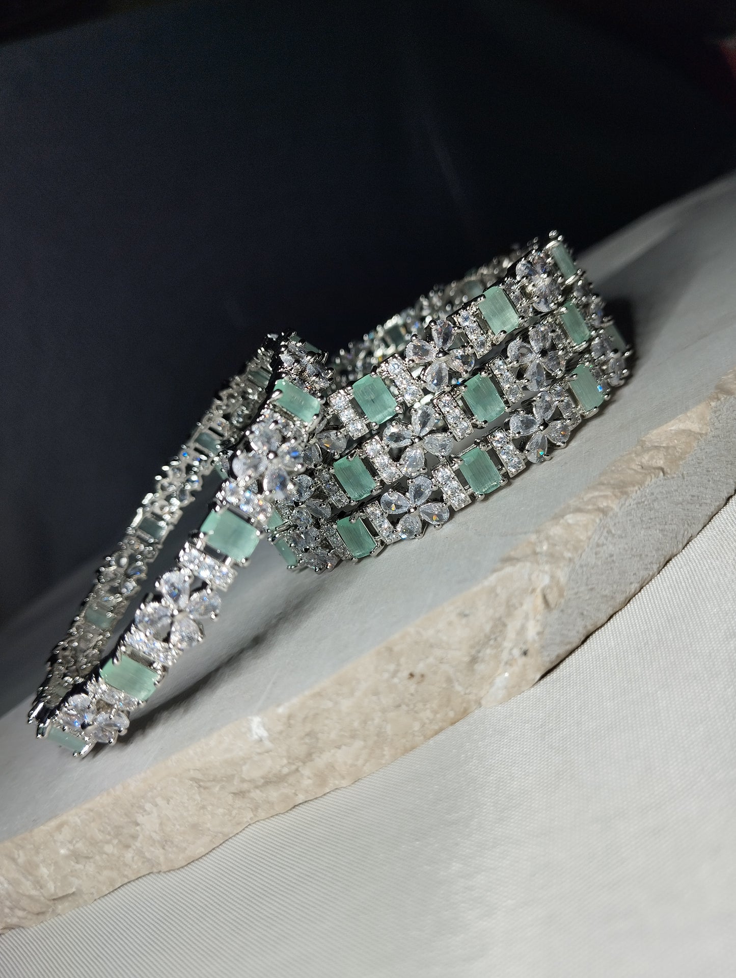 Mint Green Diamond cutt Bangles - Silver Tone Bridal Kada Set of 4