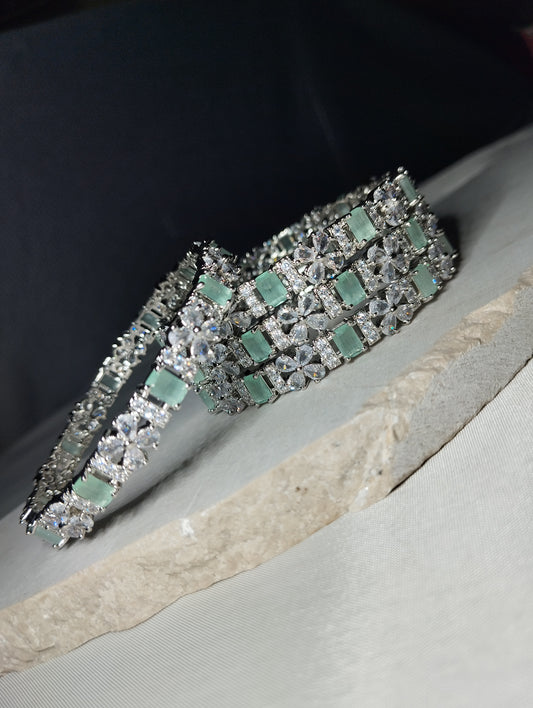 Mint Green Diamond cutt Bangles - Silver Tone Bridal Kada Set of 4