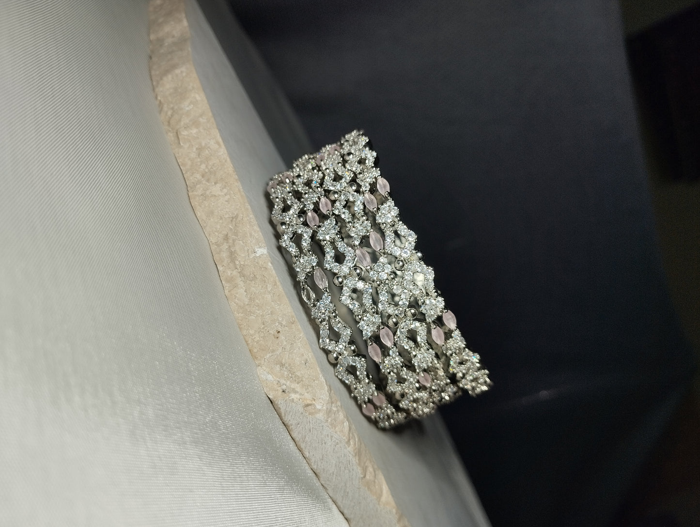 Light Pink Tone Bangles - Silver Tone Floral Lattice Kada Set of 4
