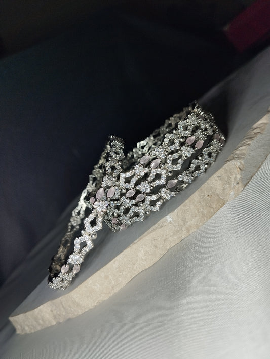 Light Pink Tone Bangles - Silver Tone Floral Lattice Kada Set of 4