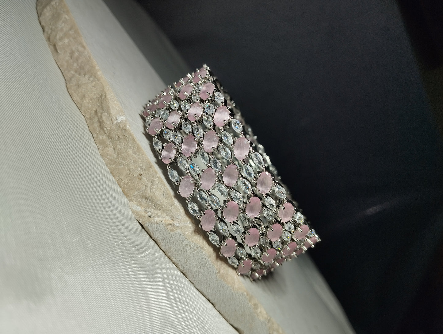 Baby Pink Bangles - Silver Tone Cats-Eye Kada Set of 4