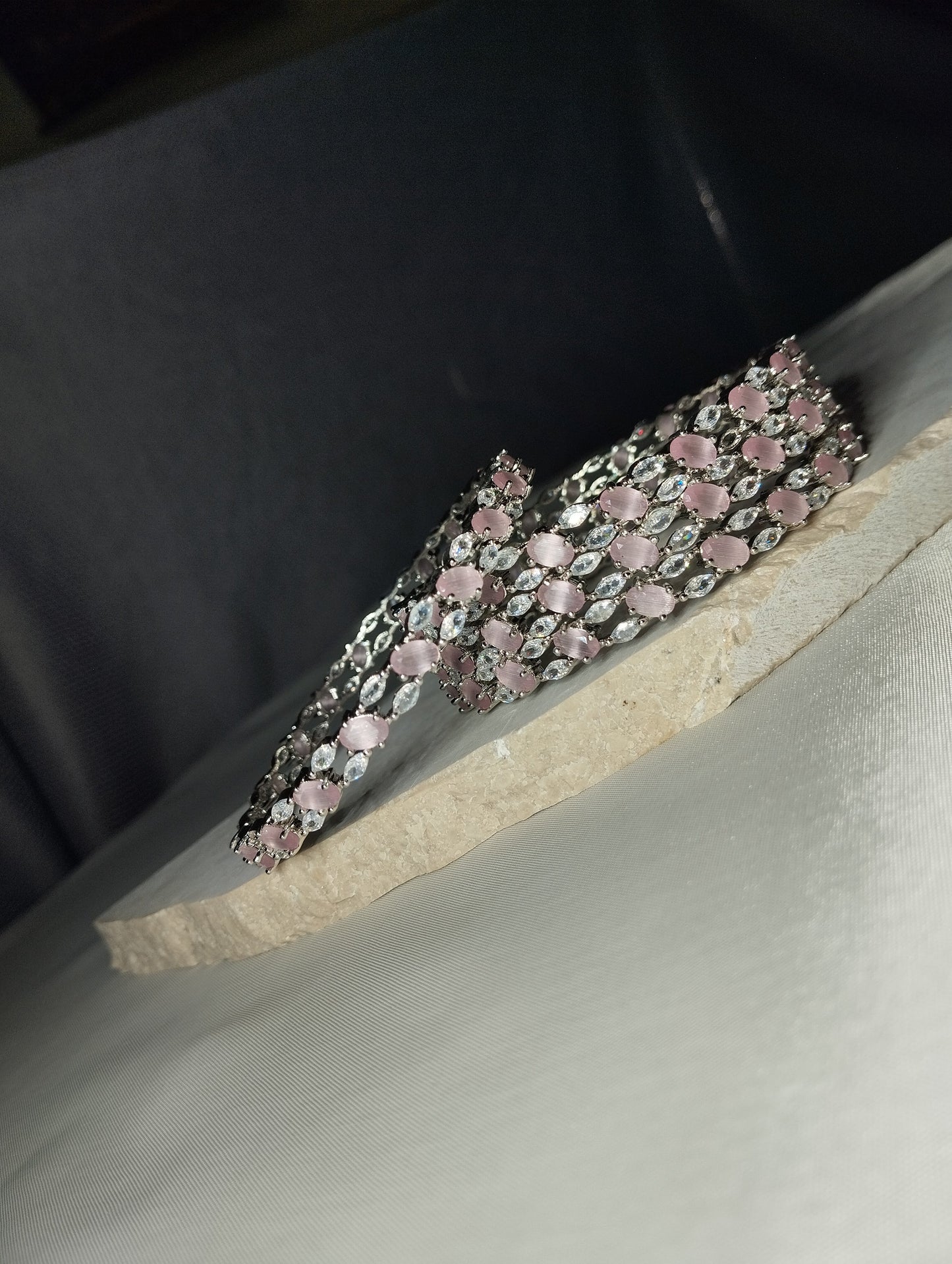 Baby Pink Bangles - Silver Tone Cats-Eye Kada Set of 4
