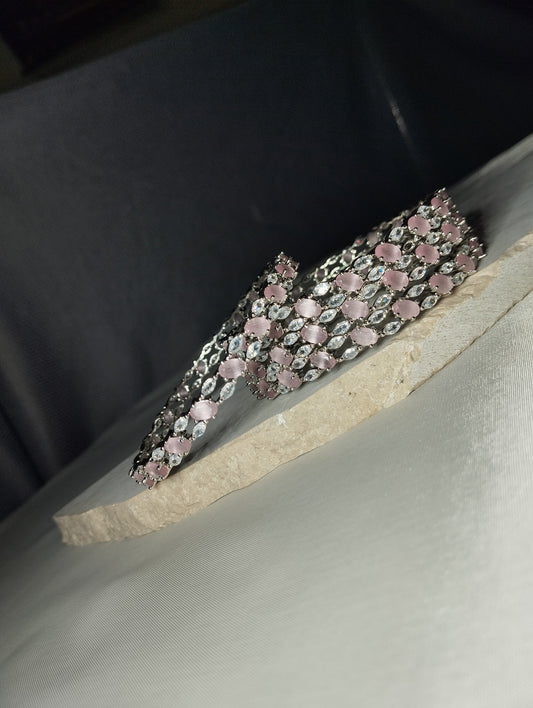 Baby Pink Bangles - Silver Tone Cats-Eye Kada Set of 4