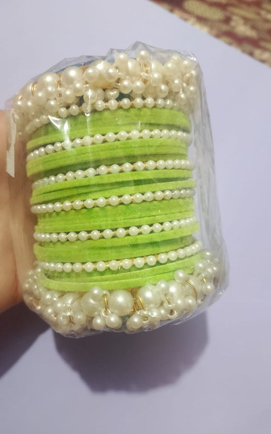 Pearl & Velvet Bangle Set – Loreal Moti Choori Set | Traditional Bangles for Women | 6 Color Options