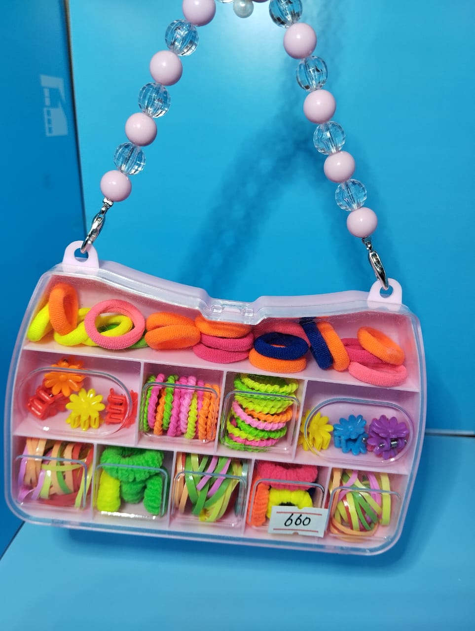 Purse Shaped Hair Accessories Kit for Girls – Kids Hair Set with Beaded Handle | Hair Ties, Scrunchies, Clips & Rubber Bands
