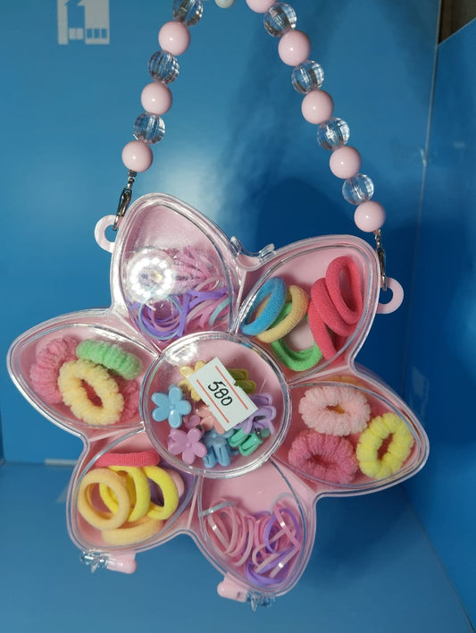 Flower Shaped Hair Accessories Gift Box – Kids Hair Kit with Beaded Handle | Hair Ties, Claw Clips & Rubber Bands Set