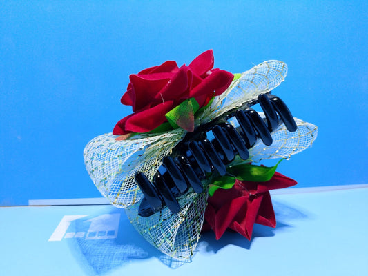 Red Rose Floral Hair Claw Clip with Golden Net