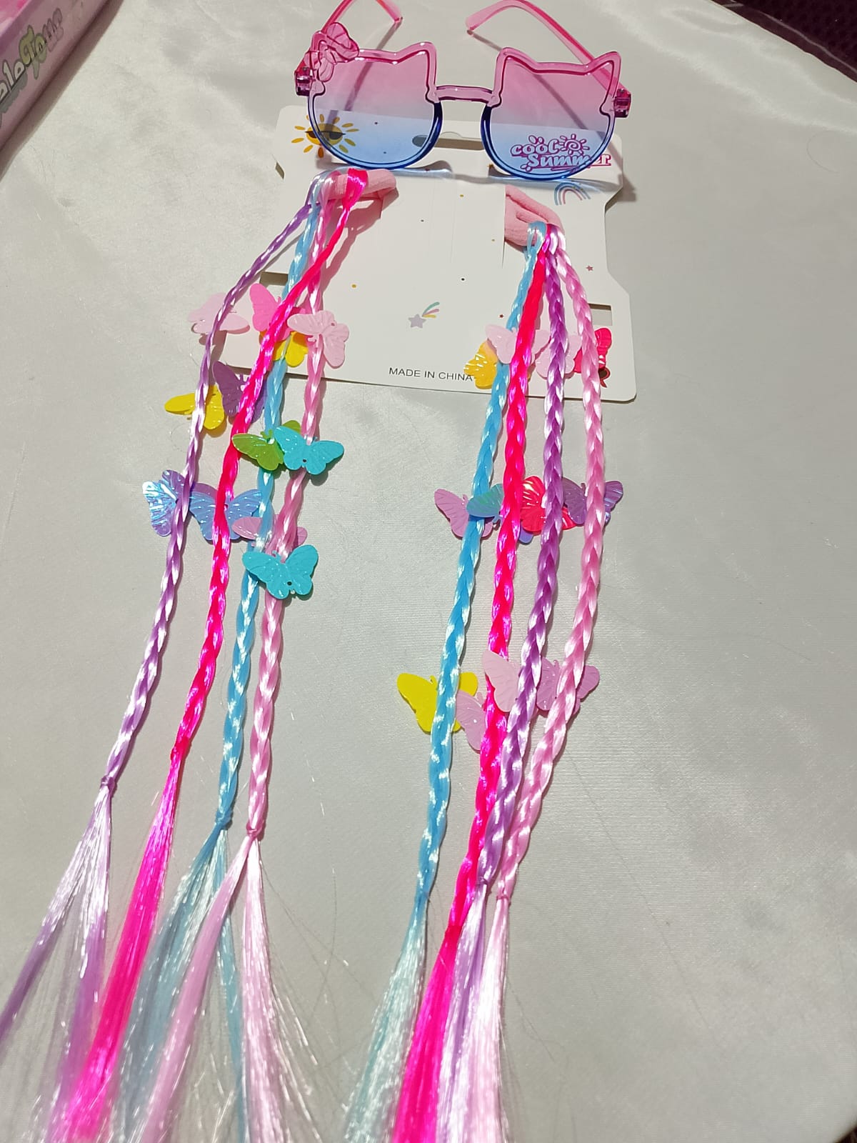 Kids Colorful Braided Hair Extensions with Butterfly Clips & Cat Sunglasses