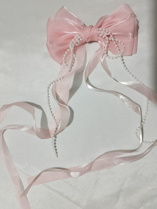 Pink Organza Bow Hair Clip with Pearl Chains