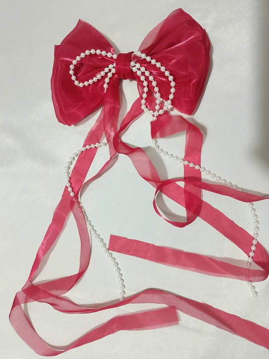 Meroon Organza Bow Hair Clip with Pearl Tassels