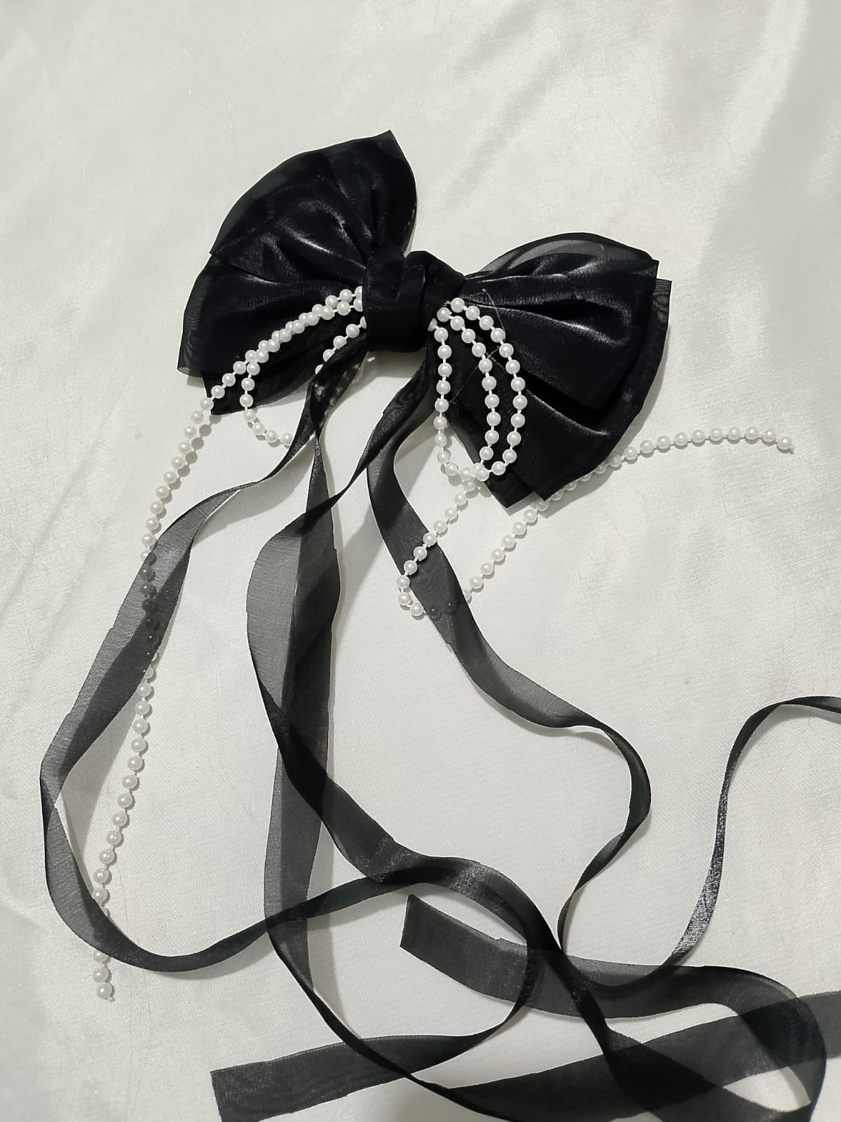 Black Organza Bow Hair Clip with Pearl Tassels