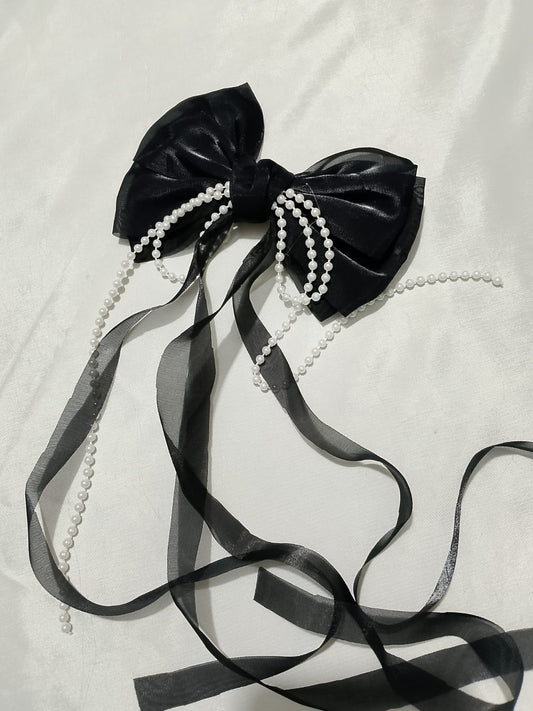 Black Organza Bow Hair Clip with Pearl Tassels