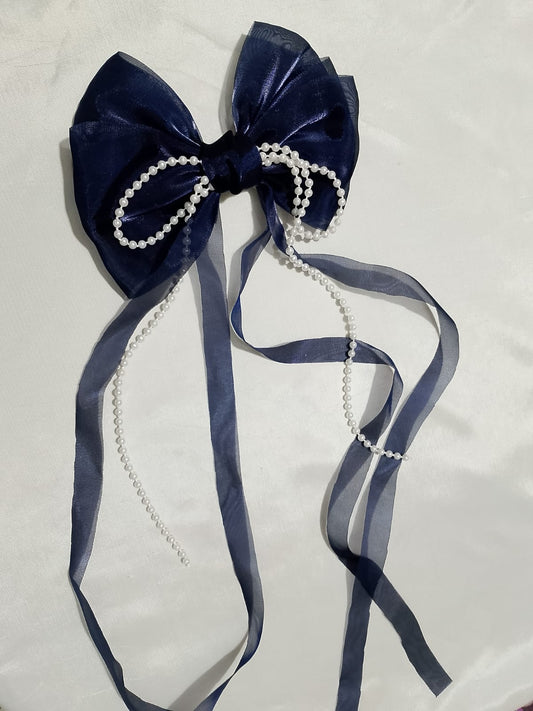 Navy Blue Organza Bow Hair Clip with Pearl Tassels