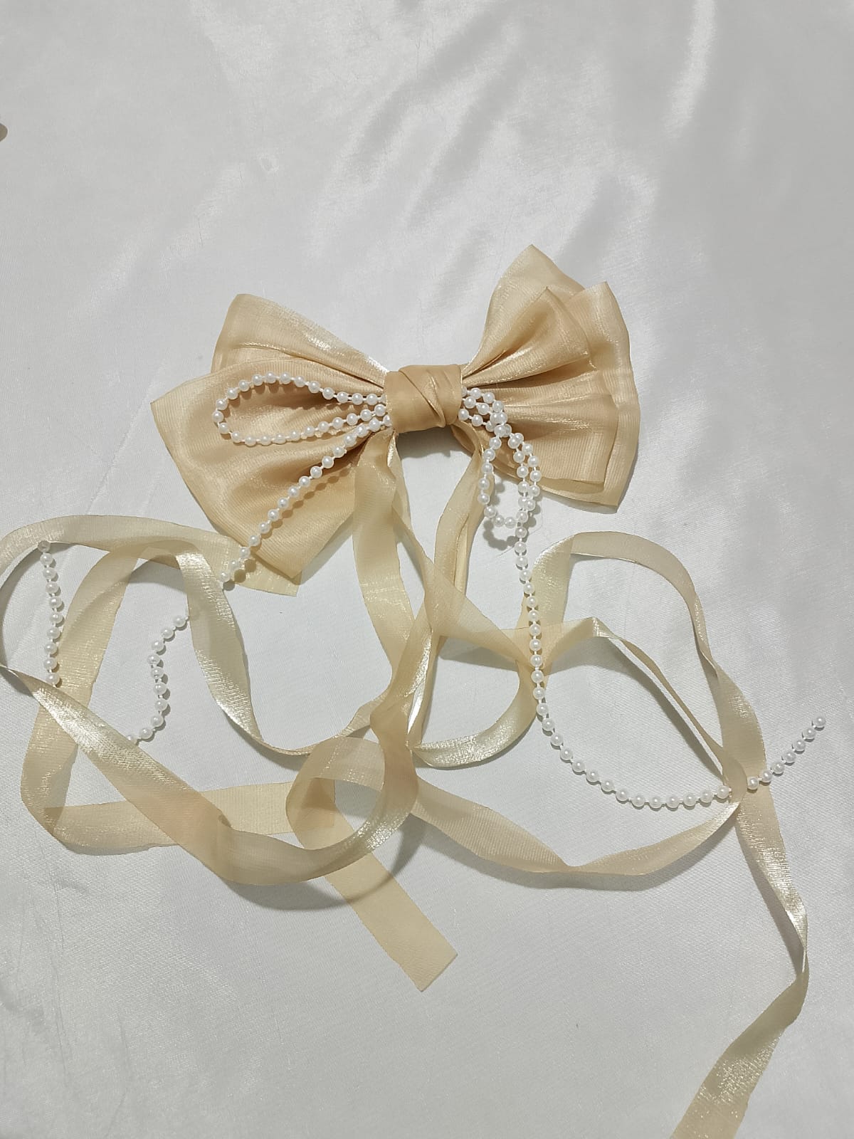 Champagne Organza Bow Hair Clip with Pearl Tassels