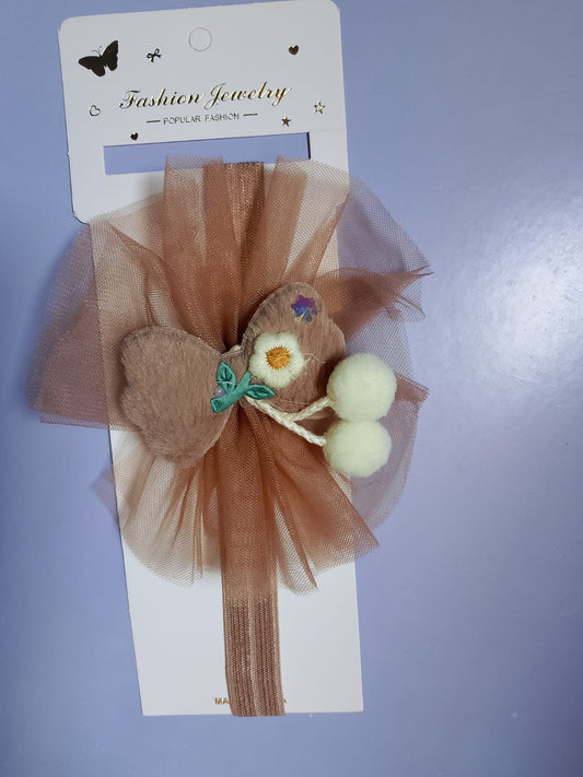 Brown Tulle Baby Headband with Plush Cherry & Flower