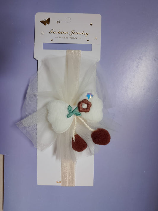 Cream Tulle Baby Headband with Plush Cherry