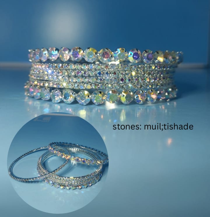 Multi-Shade Aurora Crystal Bangle Set – Silver Tone Party StackEvery stone reflects a different color – pink, blue, green, gold – creating a rainbow fire effect with every movement.
