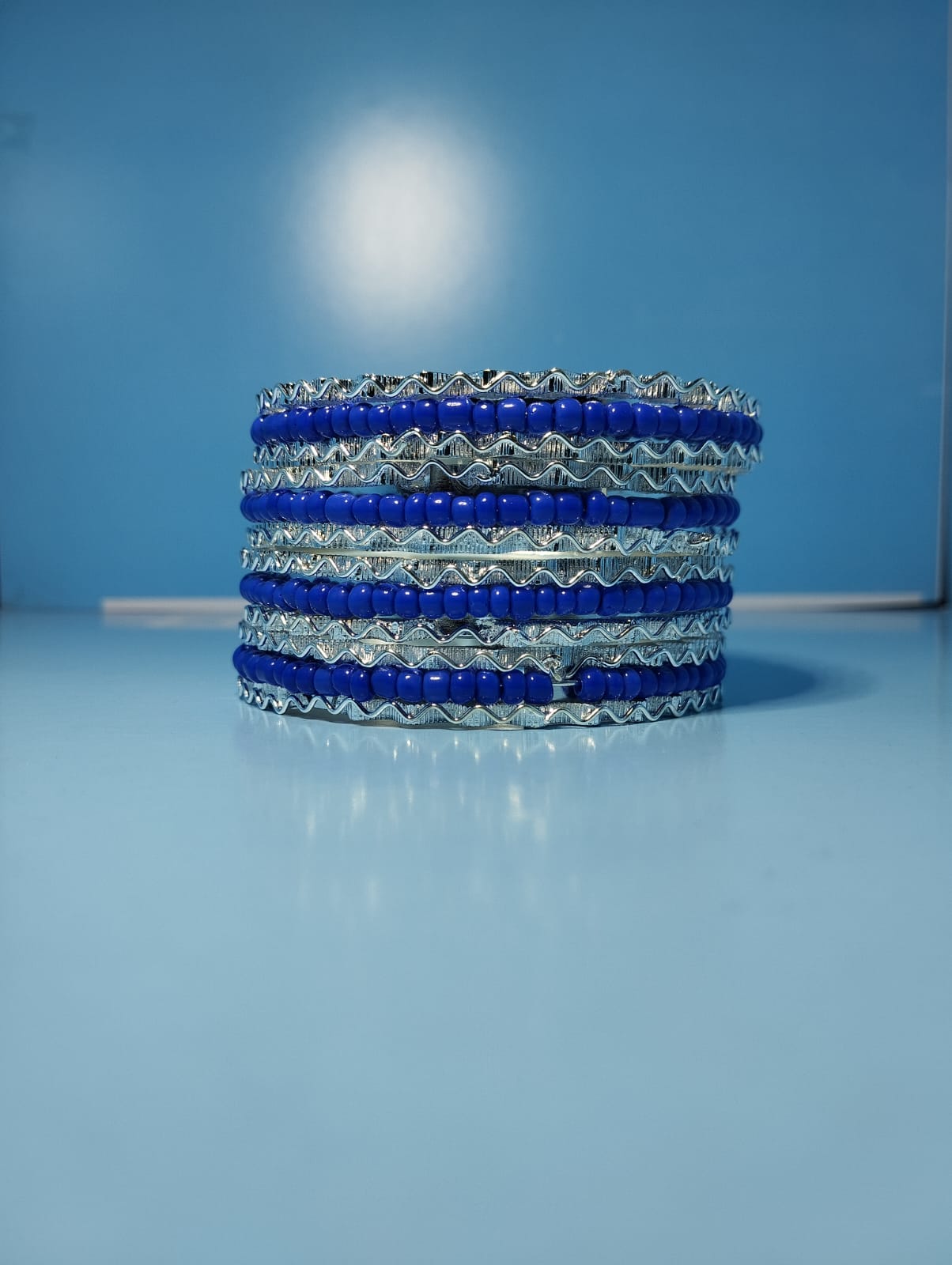 Royal Blue &Silver Beaded Metal Bangles Set