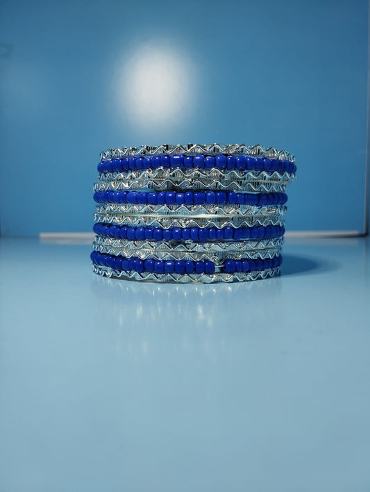 Royal Blue &Silver Beaded Metal Bangles Set