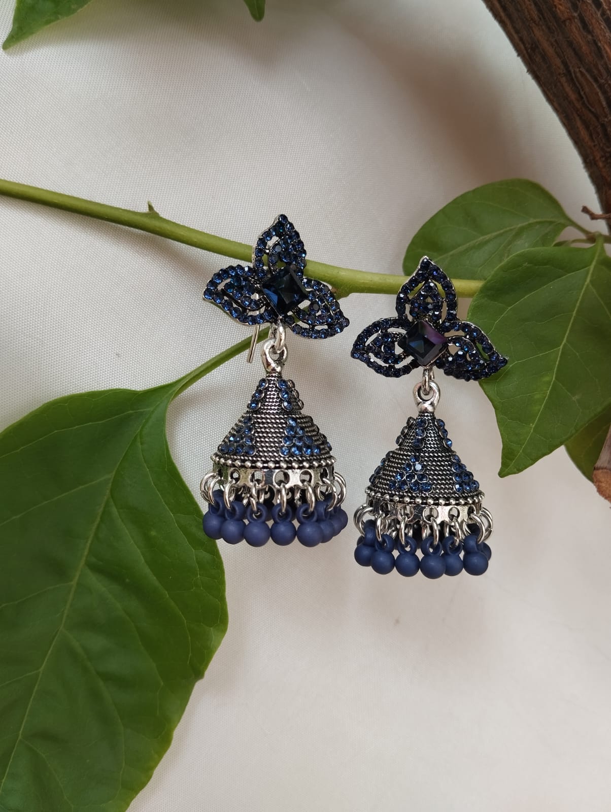 Royal Blue Stone Oxidized Jhumka Earrings